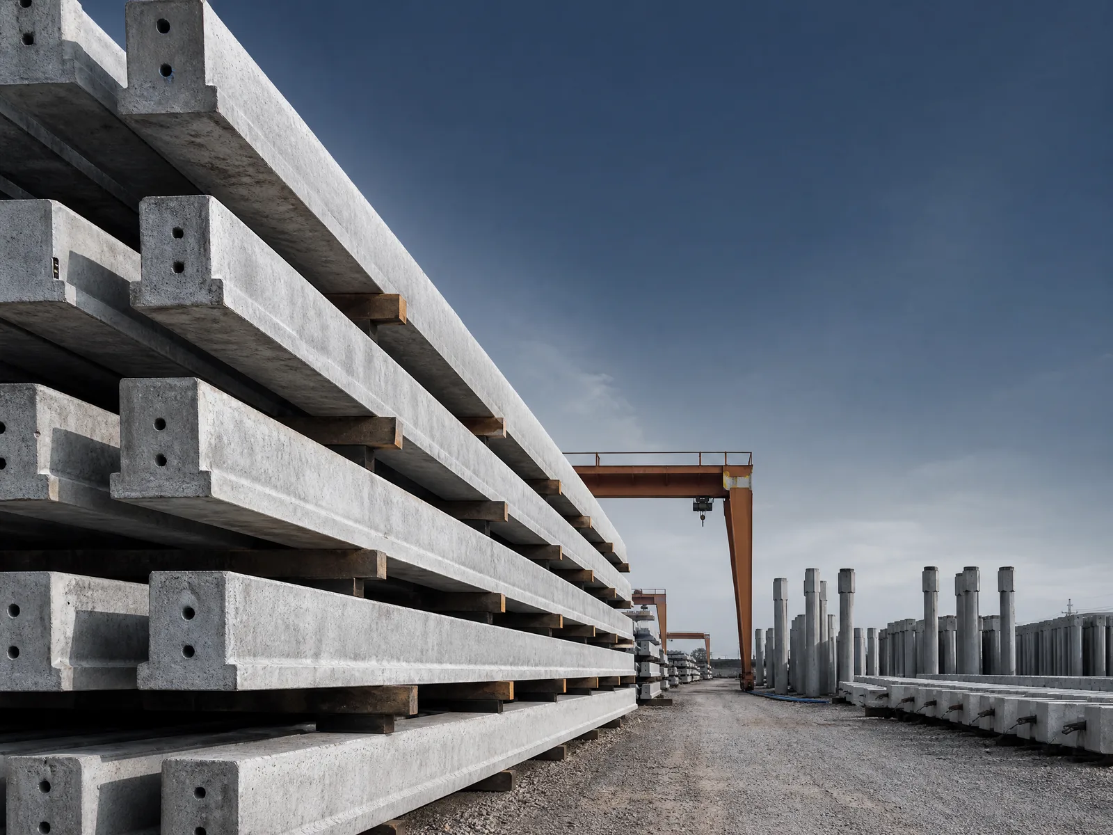 Precast concrete components arranged at a fabrication yard